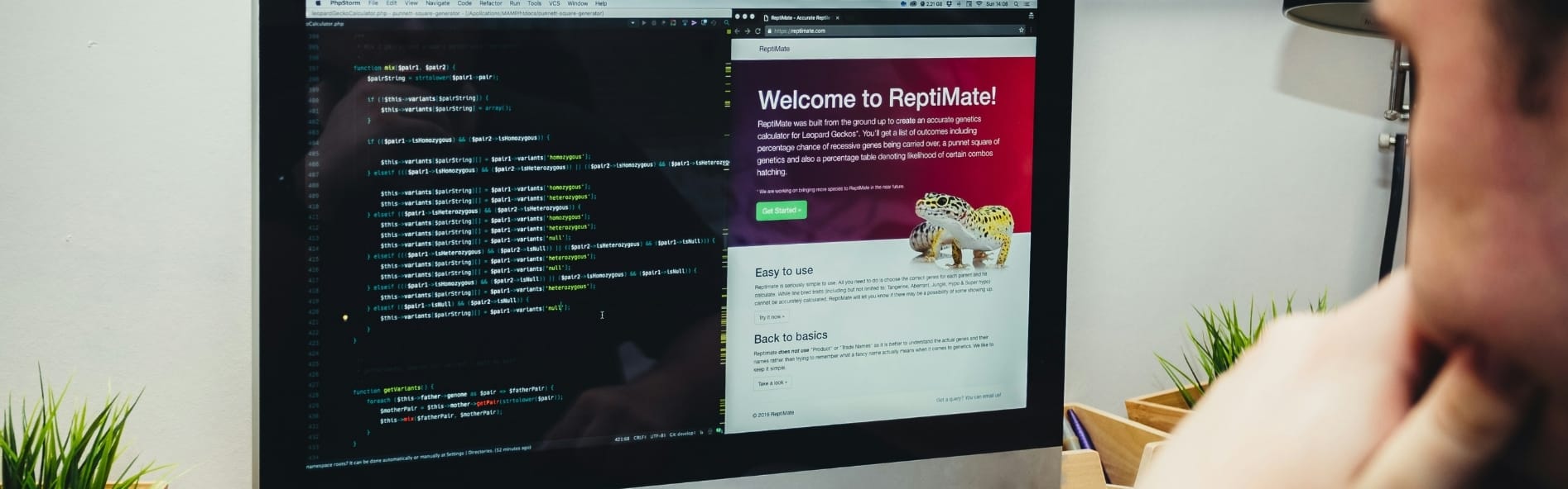 A developer editing application code in an IDE alongside the running web application in a browser window